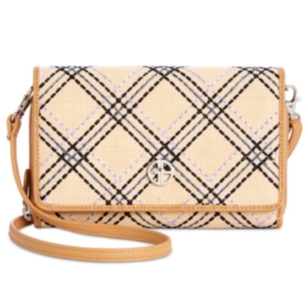 Giani Bernini Tan Plaid Straw Crossbody Wallet NEW